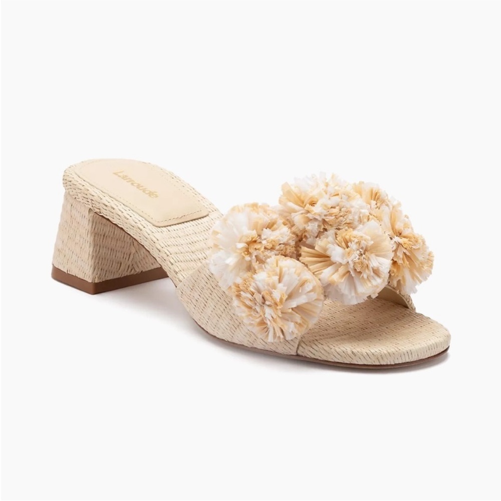 LARROUDE Brigitte Mule Pom Pom Slides Block Heel Sandals in Natural Raffia